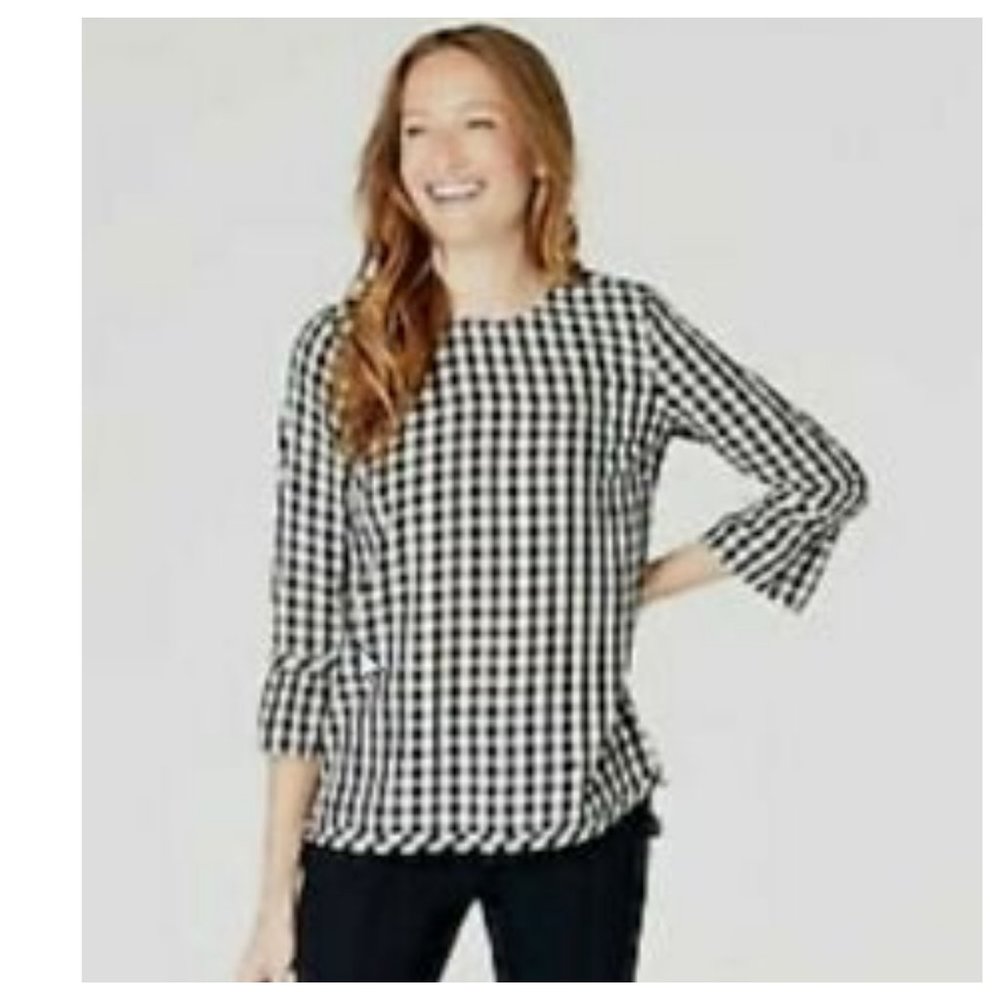 J JILL Small Top Tunic Shirt Gingham Plaid  Black White Bell Sleeve Fall Chic